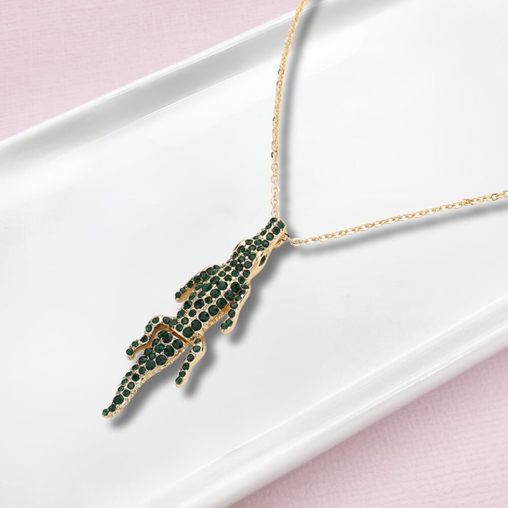 Gold Rhinestone CZ Green Alligator Florida Gators Crocodile Gem Necklace